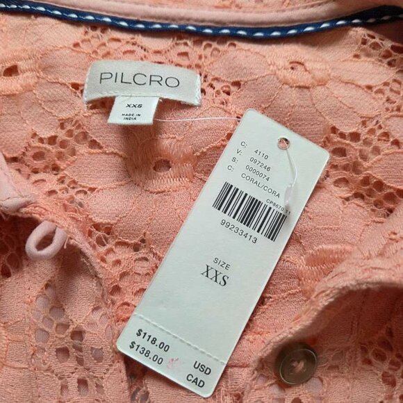New XXS Anthropologie Pilcro The Keira lace collared button-front blouse Coral - Picture 5 of 10